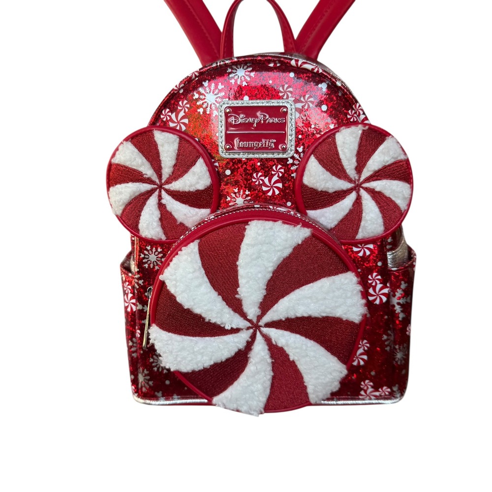 Disney Parks Loungefly Red Glitter Peppermint Mickey Mouse Holiday Mini Backpack - Picture 2 of 11
